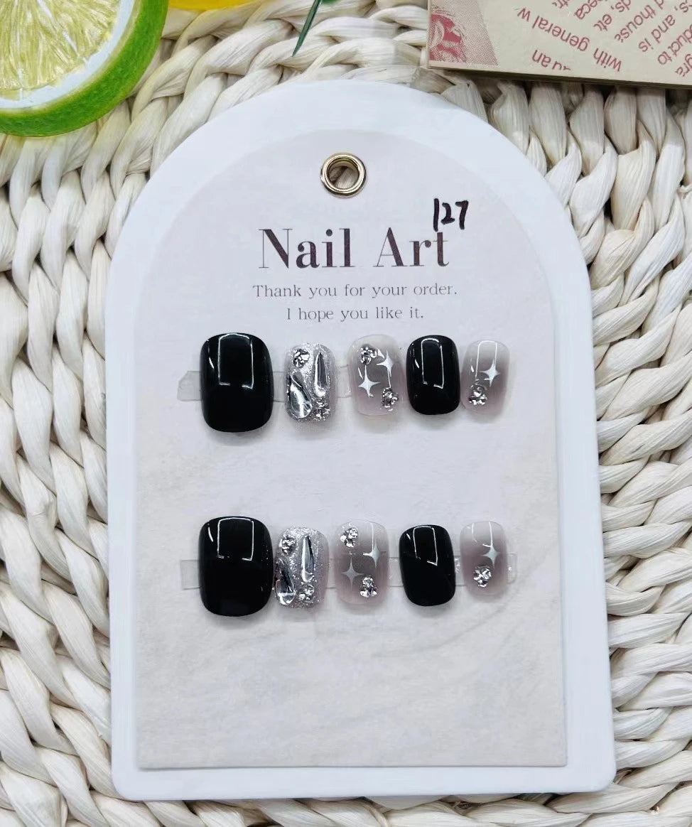 Black Handmade Almond Press Nails French Fake Short Square Coffin Cat Qme GJ-CDJ-ZJXH-M