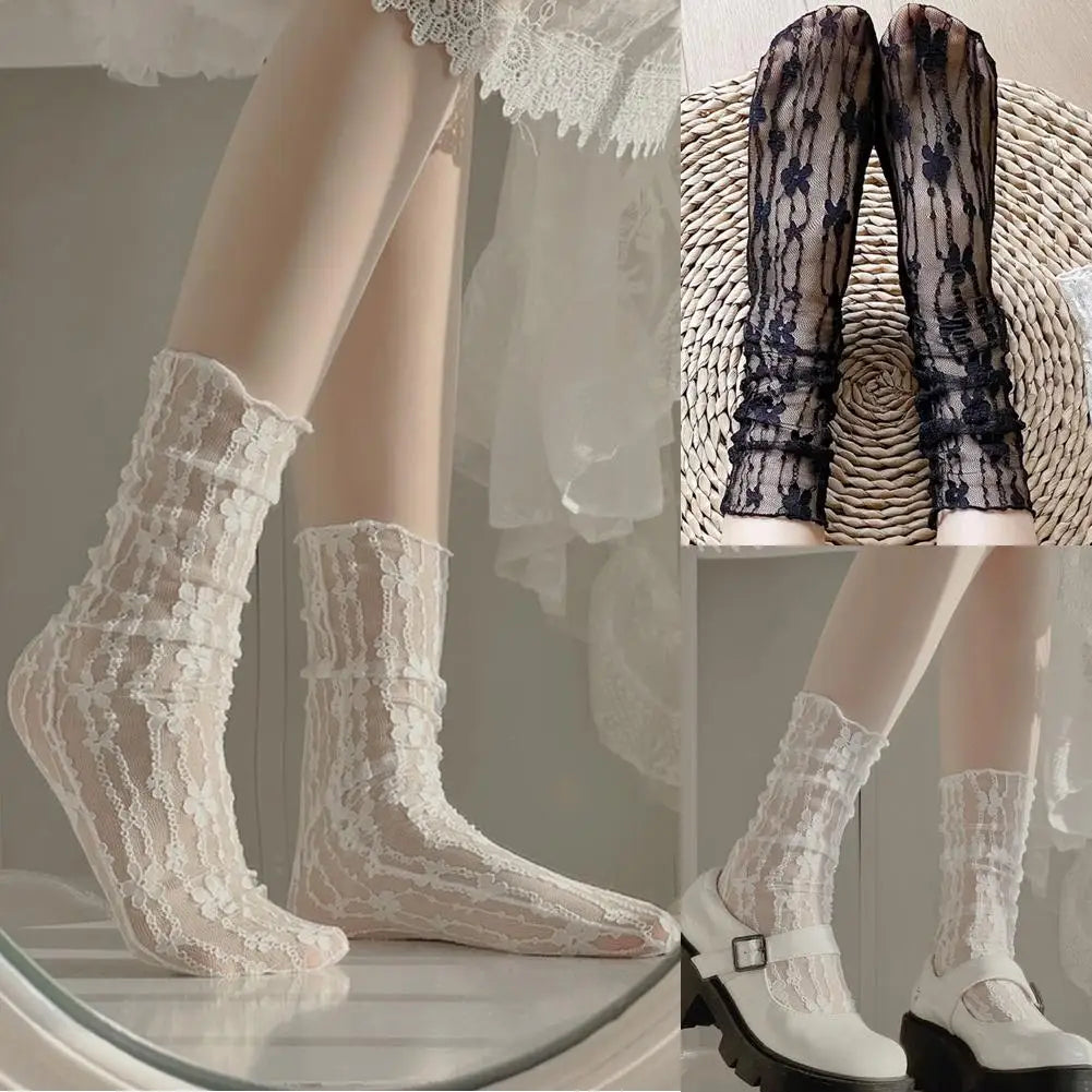 Women Sexy Black Fishnet Floral Pattern Lace Socks Thin Hollow Nylon Silk Retro Flower Pile Socks Ladies Transparent Crew Socks Qme
