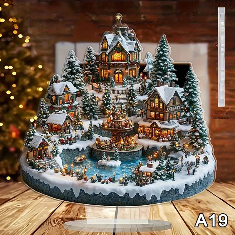 2D Flat Acrylic Christmas Desk Decor Base Snowman House Rotating Qme A19