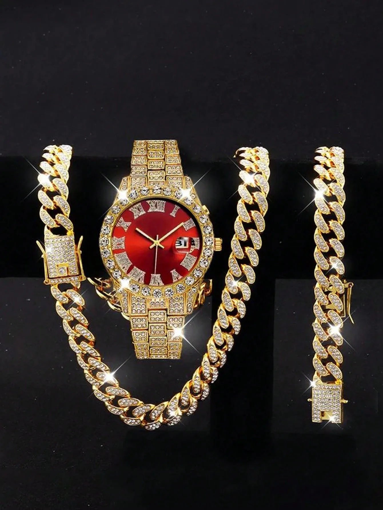 Hip hop Watch Set with Diamond Bracelet Necklace Quartz Hiphop Watch Essay Watch Large Dial Set Qme Pink