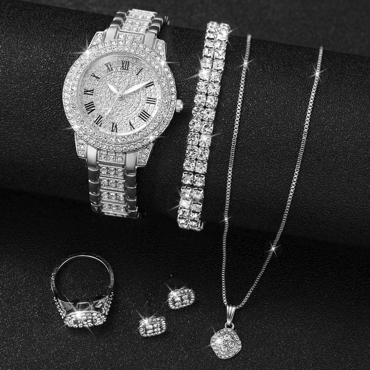 Full diamond silver shell Roman dial women's steel strap watch square rhinestone jewelry five piece set, not including gift box Qme