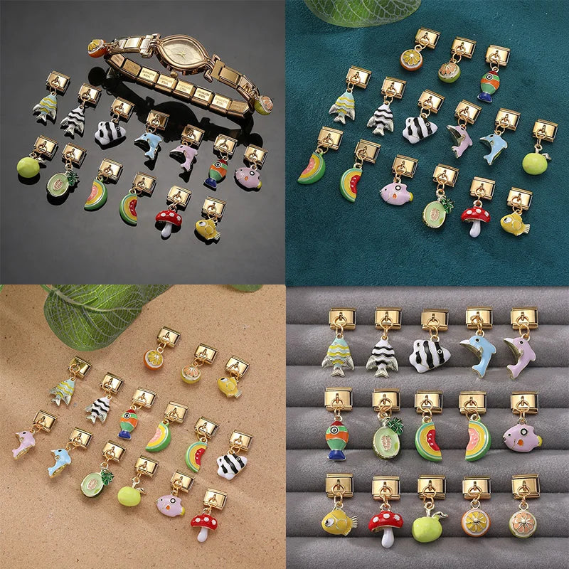 2025 Women Gift Fish Dolphin Fruits Mushroom Italian Charms Links Beads Fit 9mm Stainless Steel Modular Modular Bracelet Jewelry Qme