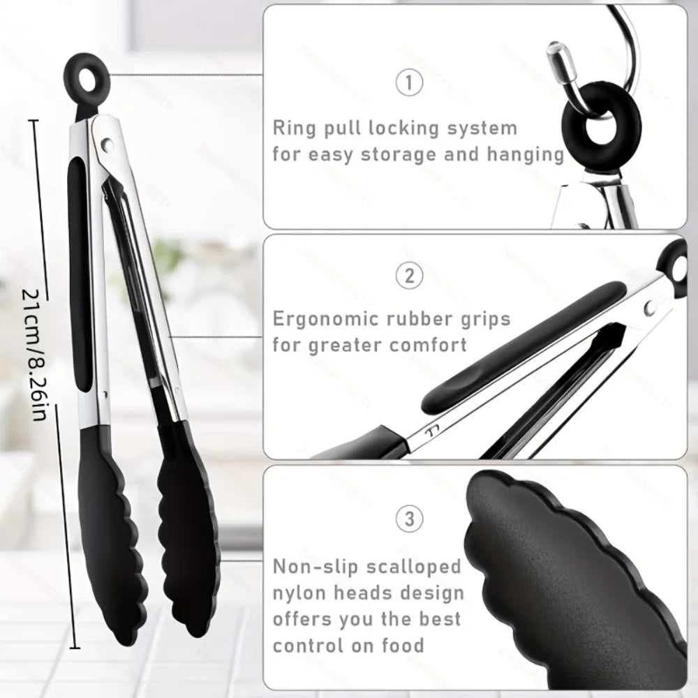 Kitchen Pliers With Stainless Steel Silicone Handle And Nylon Tip Cooking Clip, Heat-resistant And Non Stick Barbecue Clip Lock Qme