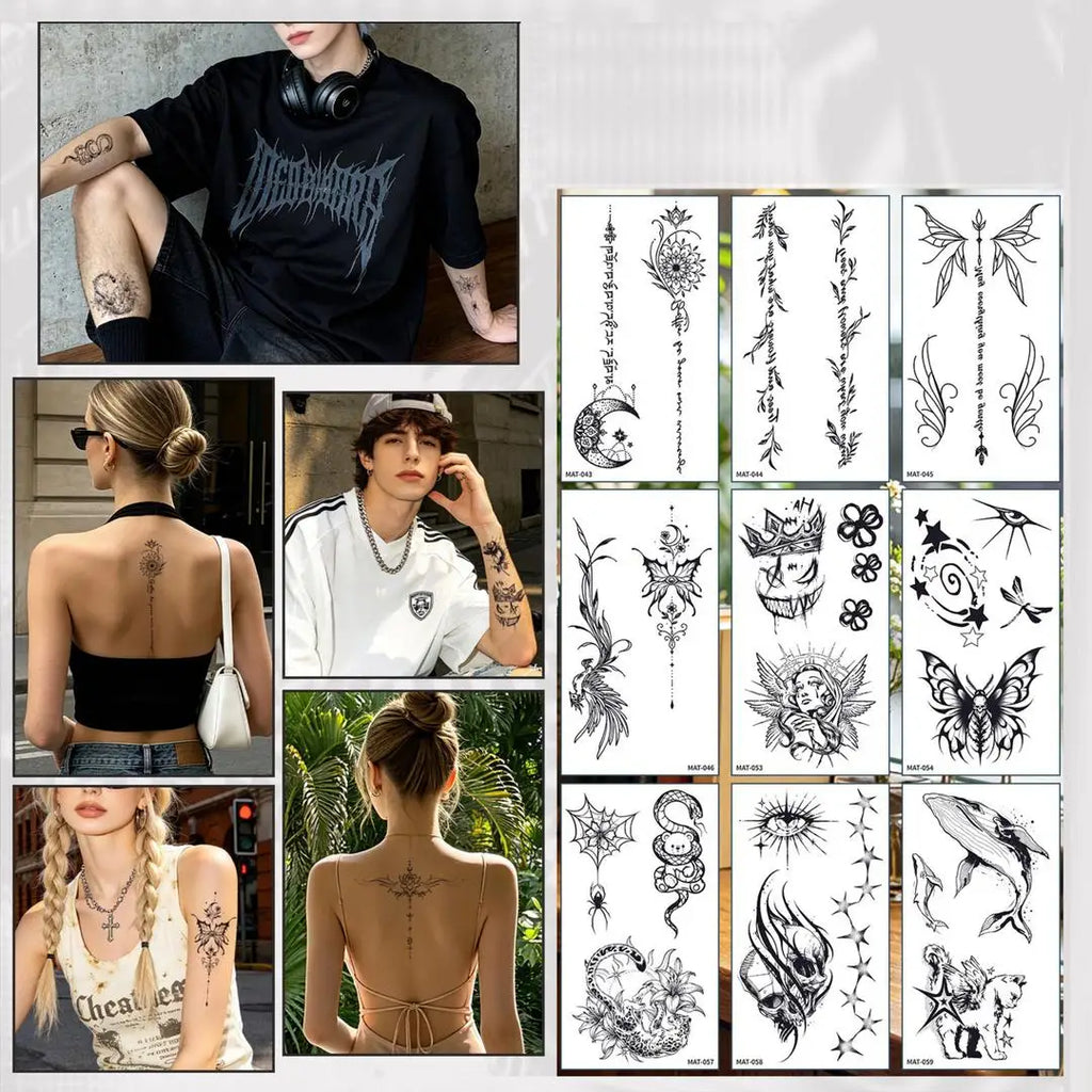 A 6/9pcs Temporary Tattoos for Women - Black Heart, Butterfly, Floral & Celestial Designs | Waterproof Fake Tattoo Stickers Qme