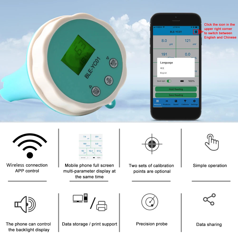 6-in-1 Residual Chlorine Monitor PH/ORP/EC/TDS Water Quality Tester Backlit LCD Display Smart Equipment Bluetooth-compatible Qme