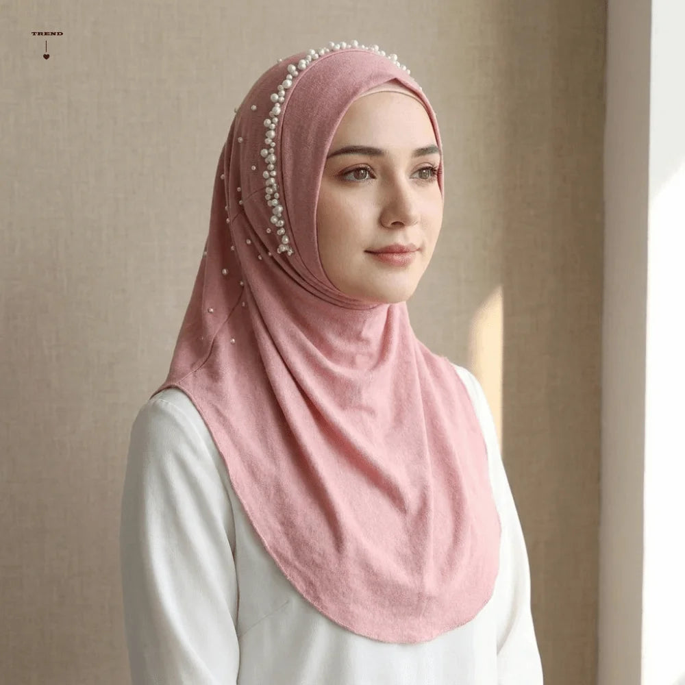 Cute Solid Color Beads Hijab Pull On Style Quick Drying Hijab Scarf Shawls Breathable Sun Protection Headscarf Summer Qme