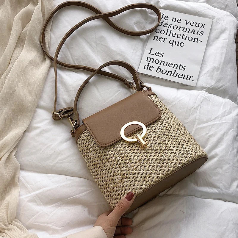Small Straw Bucket Bags Women Summer Crossbody Lady Travel Purses Qme