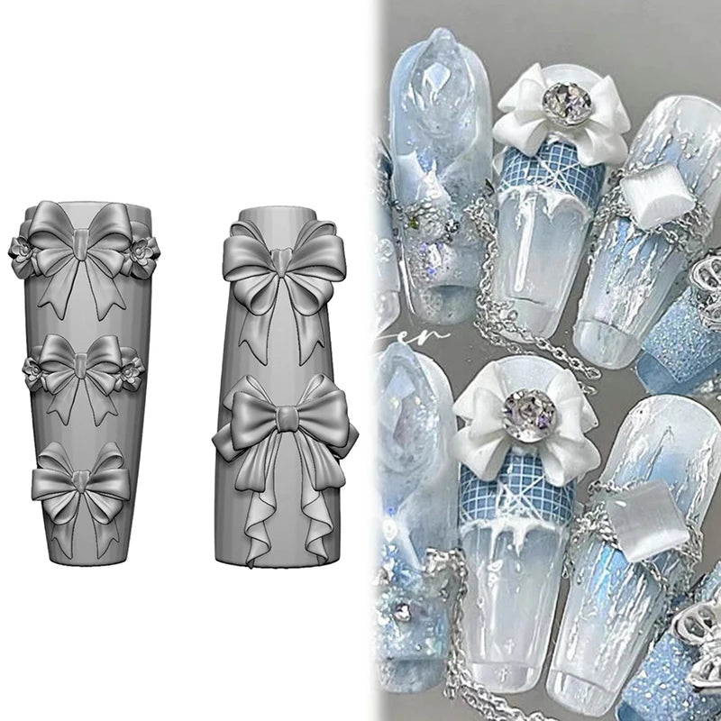 3D Ribbon Bowknot Silicone Nail Mold Manicure Carving Template Soft Qme