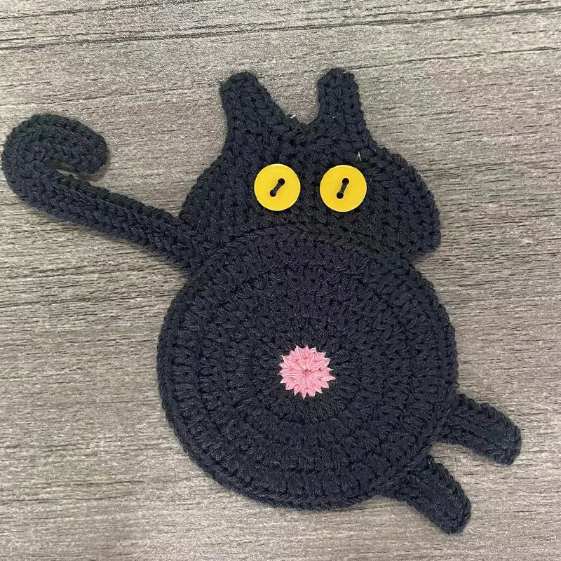 Knitted Cat Butt Coasters Cute Shaped Drink Mats Home Dining Table Qme black