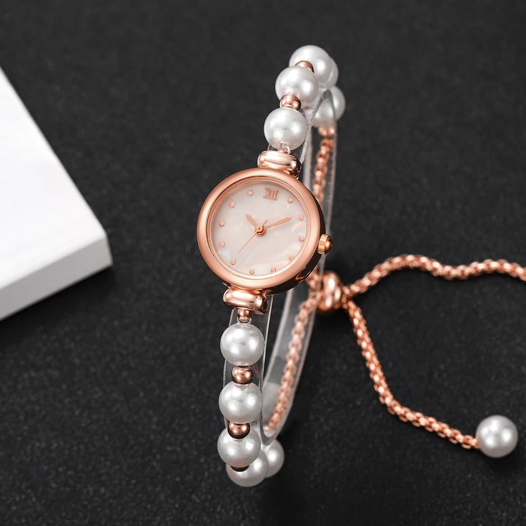 Moda pequena roma dial feminino relógio de quartzo elegante pérolas pulseira relógio de pulso para senhoras reloj mujer Qme