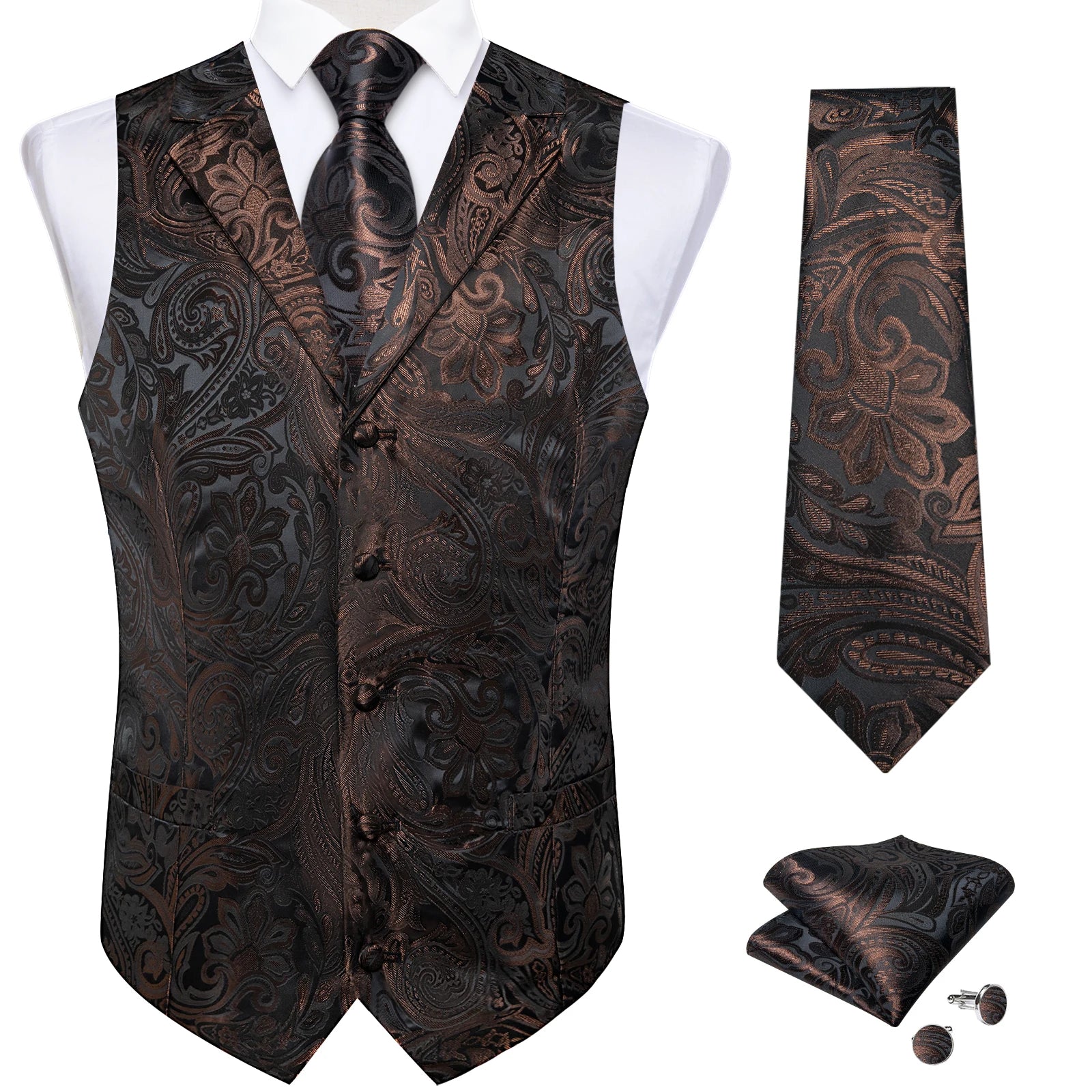 Men's Paisley Suit Vest & Tie Set – Formal Waistcoat with Necktie Pocket Square, Perfect for Weddings and Business Events Qme