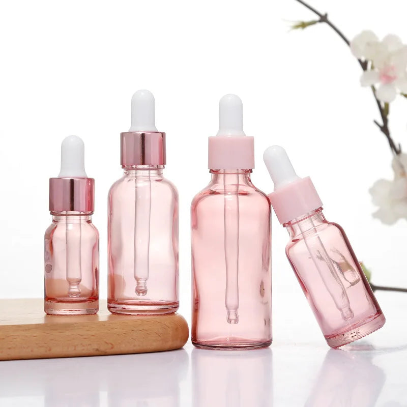 Dropper Bottles Refillable 5- Rose Lid Cosmetic Container Pink Glass Qme
