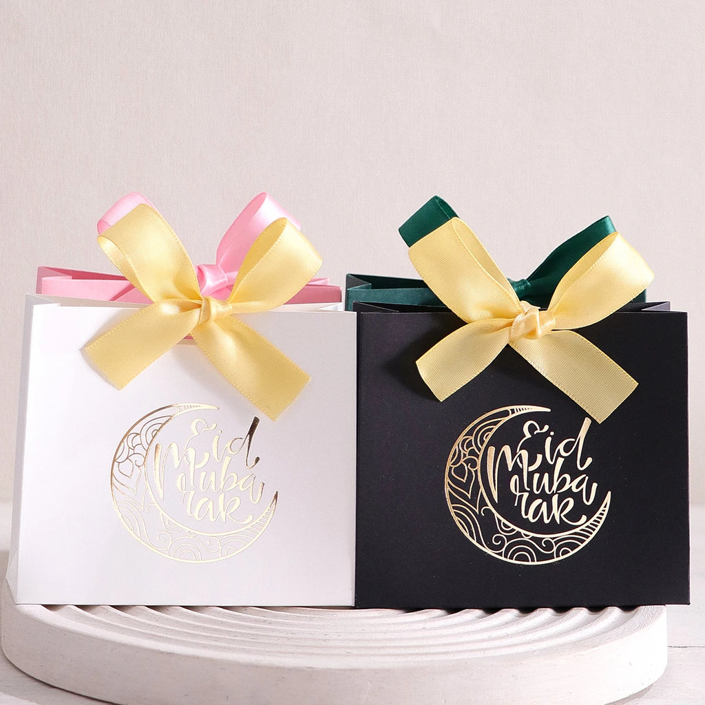 5-Pack Eid Al Adha Gift Boxes - Elegant Crescent Moon Design - White and Gold Mini Gift Bags with Ribbon Ties - Perfect for Choc Qme