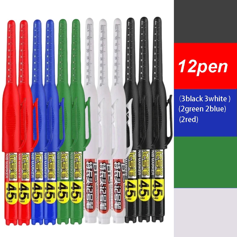 45mm Waterproof Long Head Nib Deep Hole Markers Pen Tile Carpenter Pen Multi-purpose for Woodworking Black/White/Red Ink Qme 12 pens mix-A