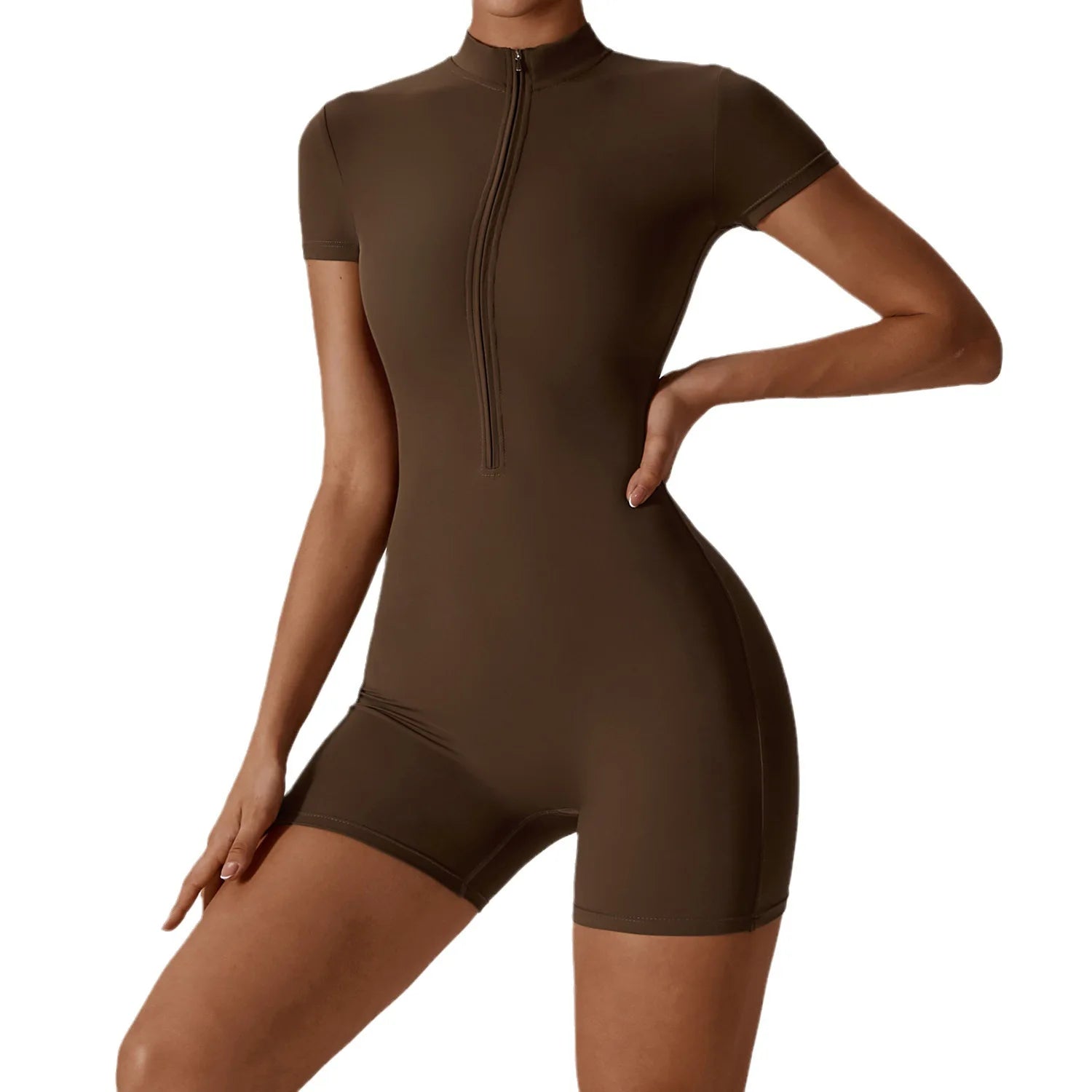 B European And American Nude One-piece Yyoga Suit With Stand Up Collar Half Zzipper Short Sleeved Fitness Jumpsuit Tight fitting Qme