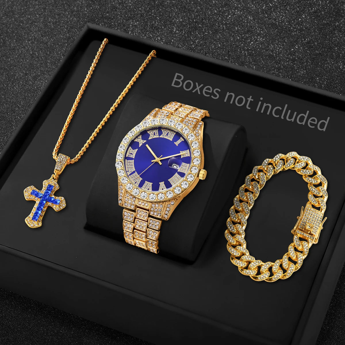 Silver Full Rhinestone Blue Roman Calendar Men Watch With Cross Necklace Bracelet Qme Gold Blue No Box