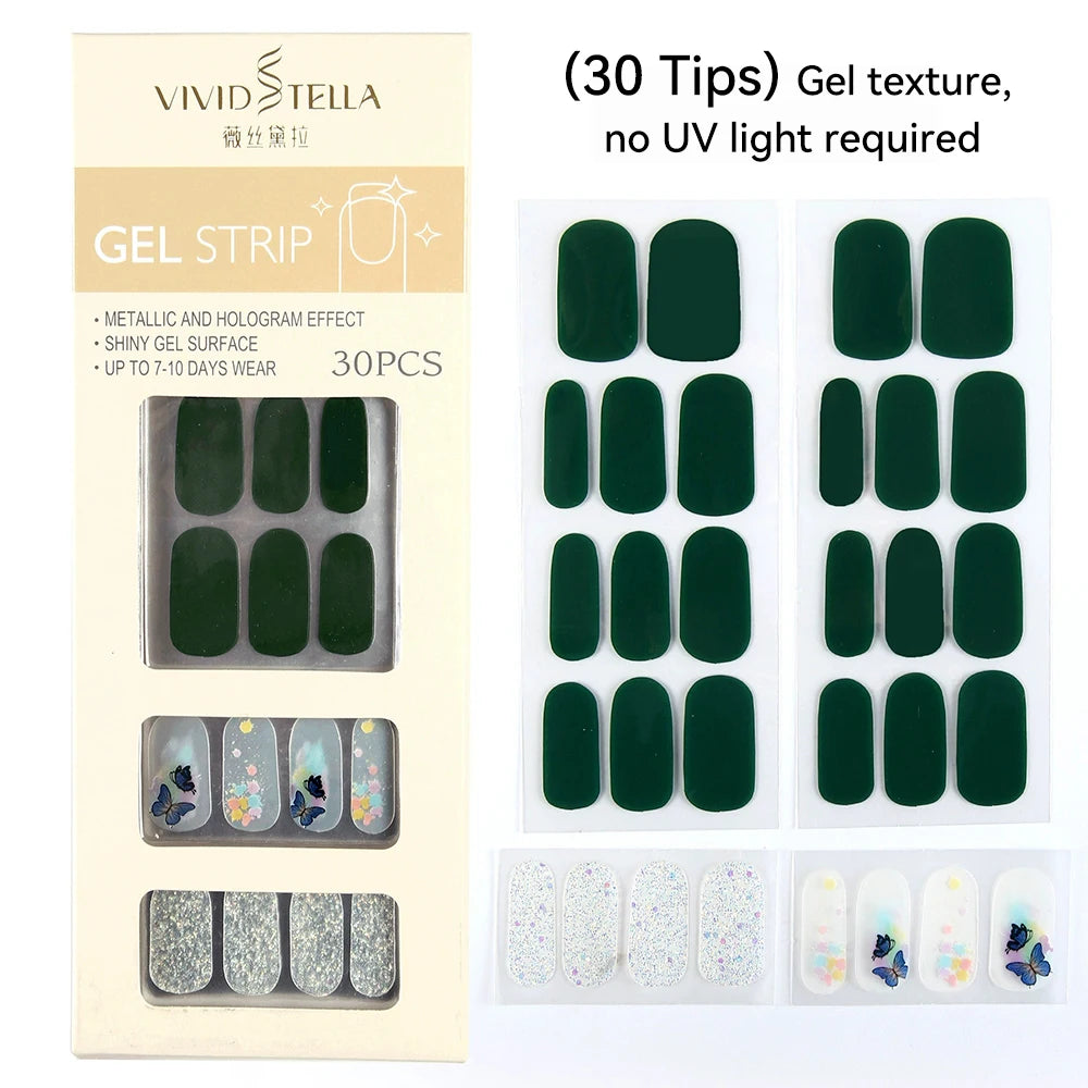 30 34Tips UV-Free Gel Nail Wraps Solid Glitter Stickers No Need UV Qme MK-30Z-DS38021