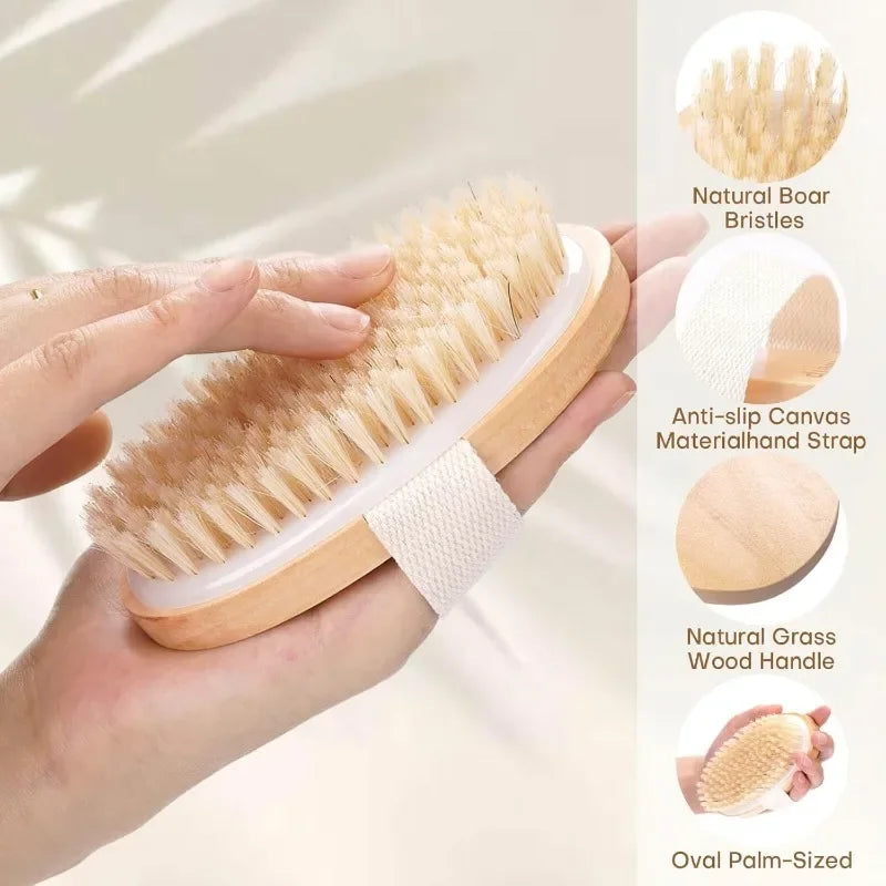 Dry Brushing Body Brush Natural Bristle Exfoliating Massage Nodes Qme