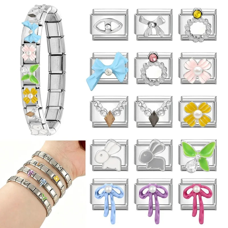 1Pcs 9×10mm Colorful Bowknots Pearl Italian Stainless Steel Charm Beads For Women Bracelet Jewelry Manufacturing Accessories Qme
