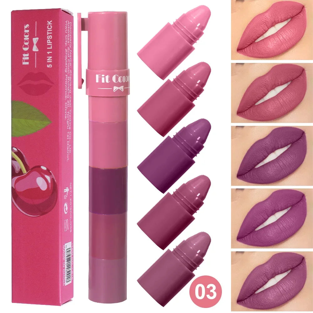 5In1 Combination Peach Matte Lipstick Kit Waterproof Non-Stick Cup Purple Red Lip Stain Tint Cosmetic Nude Lipstick Pen Makeup Qme 03 Cherry