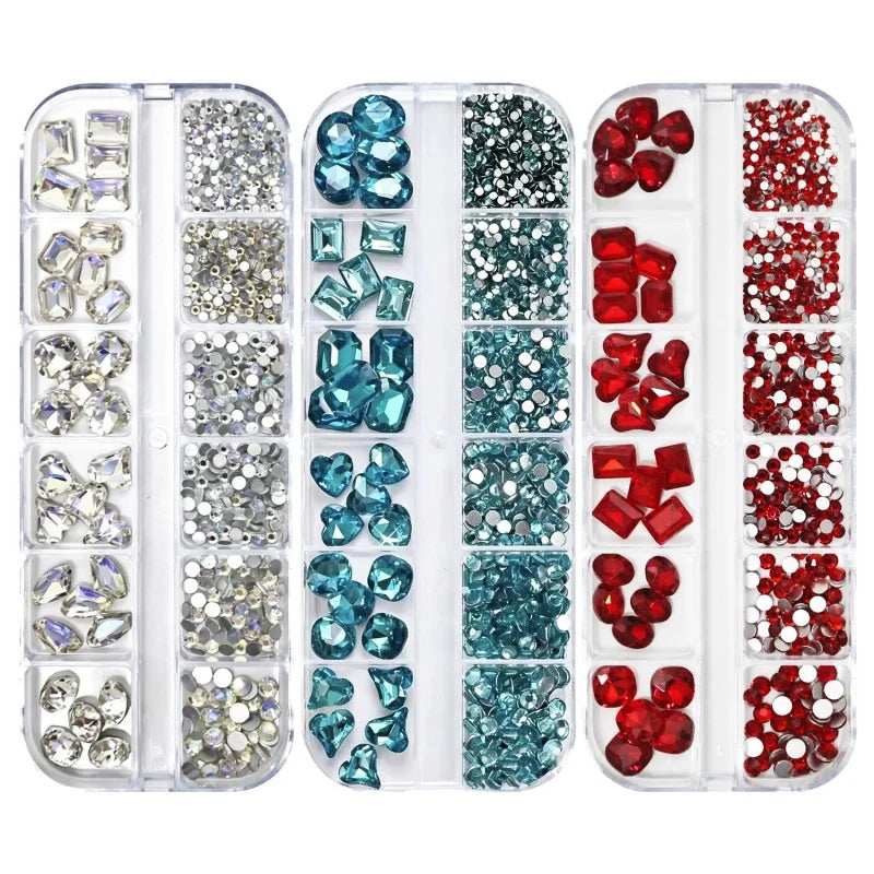 12grids Shiny Clear Crystal Gems Nail Rhinestones Mixed Round Glass Stone Flatback Nail Charms Nail Diamond DIY Qme