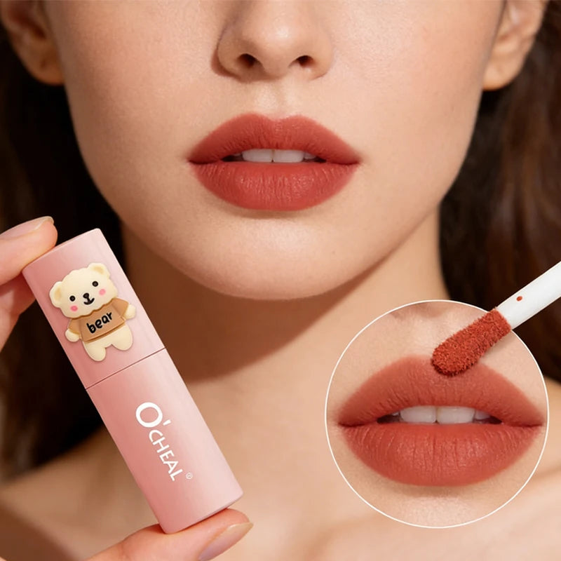 Cartoon Teddy Bear Lip Gloss Waterproof Sweat Proof Matte Effect Qme