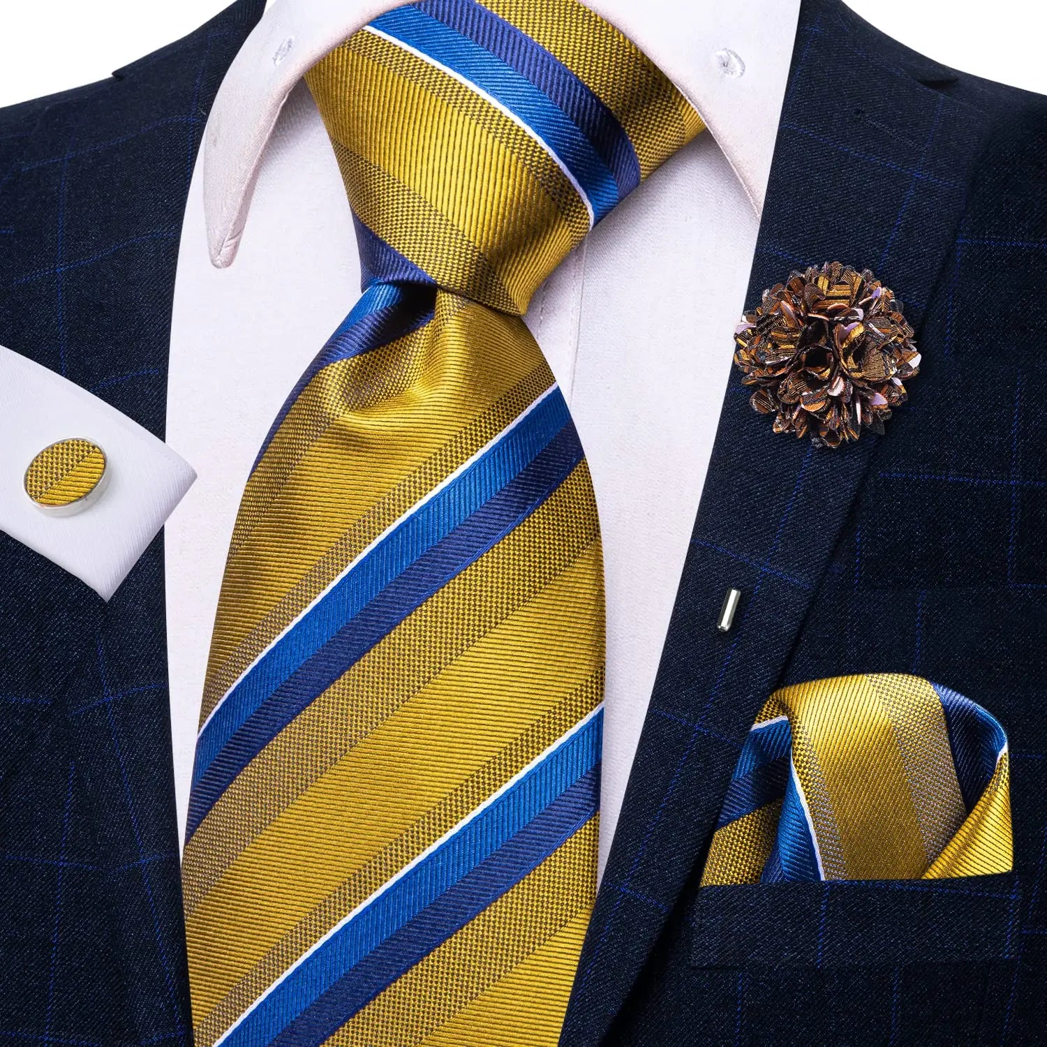 Striped Purple White Tie With Brooch Silk Elegent Necktie For Men Handky Cufflink Fashion Wedding Business Party Hi-Tie Designer Qme N-3788XH-0182