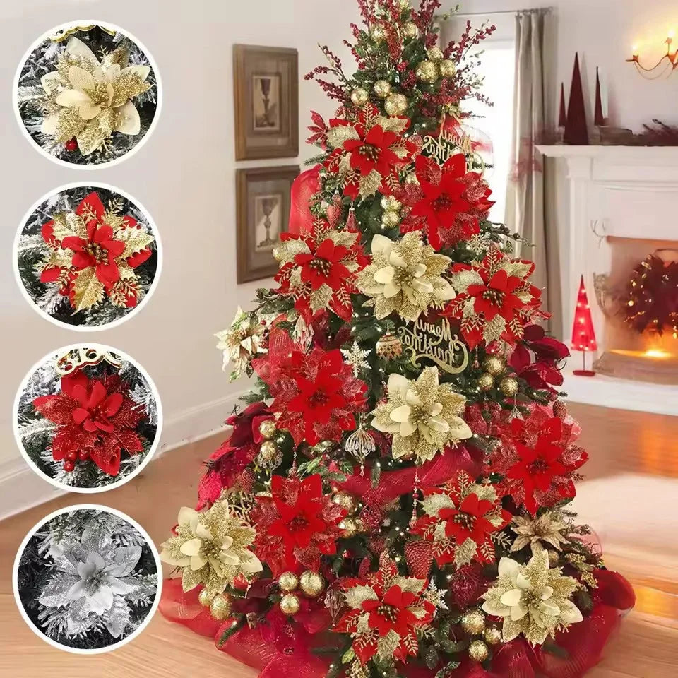 10pcs Glitter Christmas Artificial Flowers Christmas Tree Hanging Ornaments Fake Flower for Home 2025 Xmas New Year Navidad Gift Qme