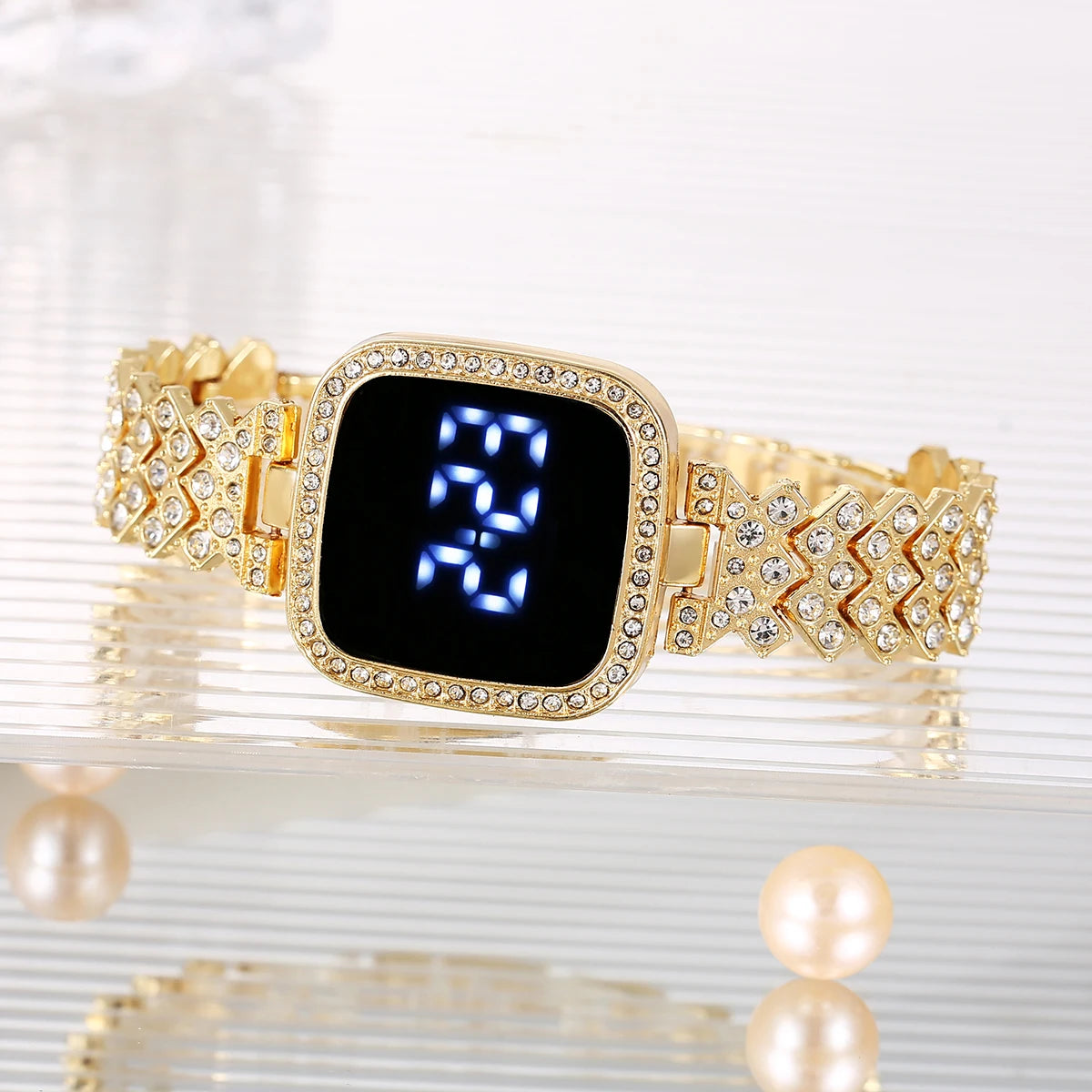 Small Fresh Square Ladies' Diamond Set Watch LED Alloy Touch Fashion Personalized Electronic Watch Qme gold