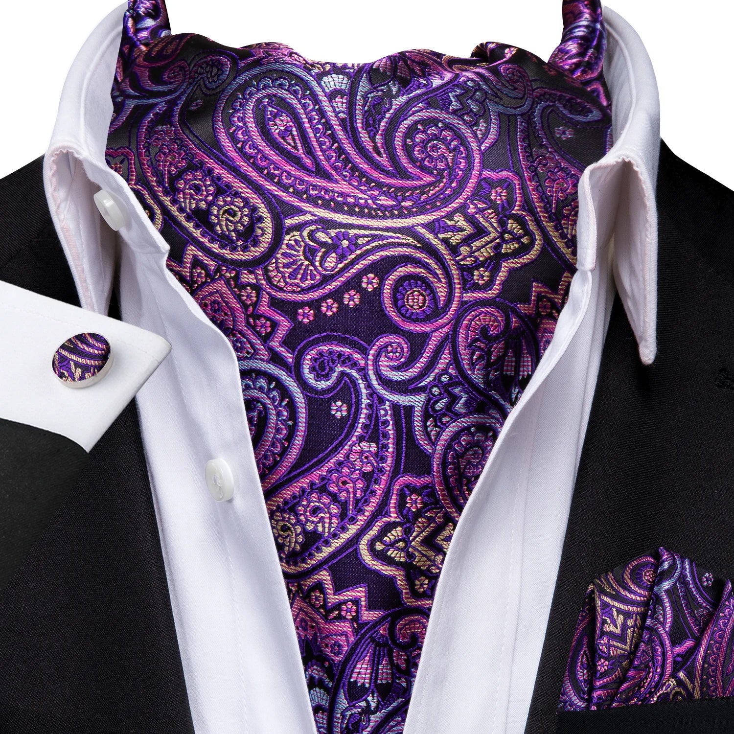 Men's Ascots Fashion Luxury Paisley Cravat Set with Cufflinks and Handkerchiefs for Daily Casual Outing Qme LDAS1176