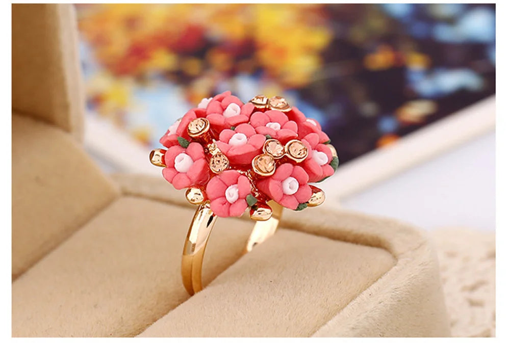 New Jingdezhen New Chinese Ceramic Small Flower Ring with Adjustable Beautiful and Fashionable Women's Gathering Jewelry Qme Red resizable