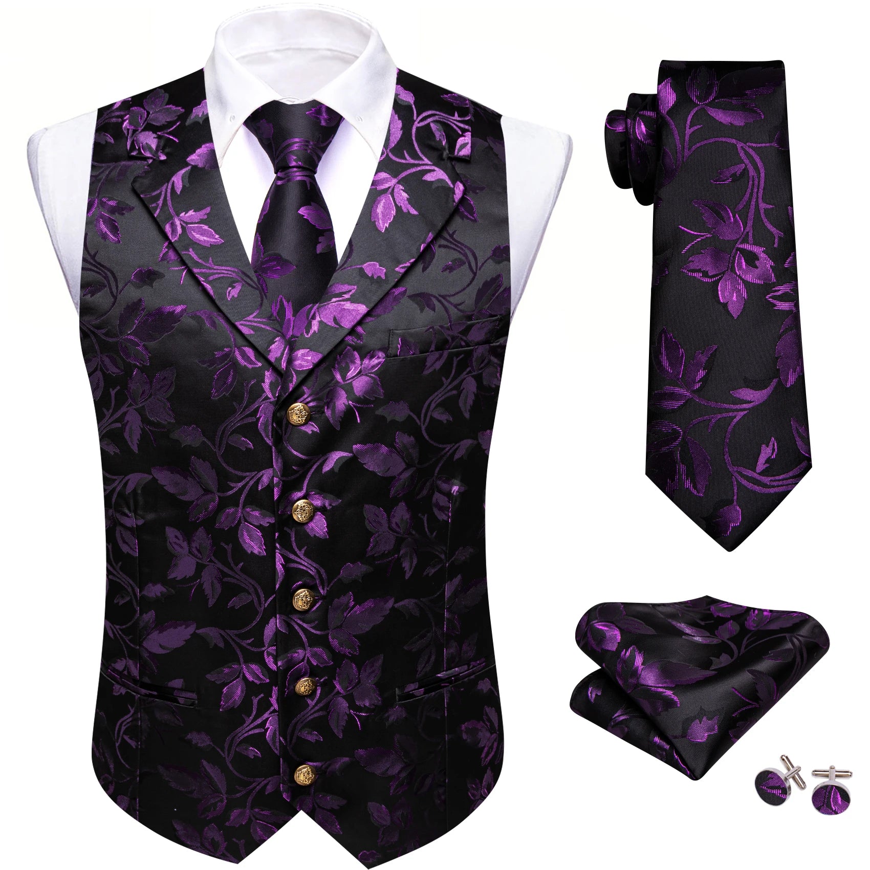 Men's Jacquard Waistcoat Half Notch Lapel Vest Necktie Pocket Square Cufflinks Set Formal Wedding Party Prom Business Suit Vests Qme BW-MJTZ2021 XXXL