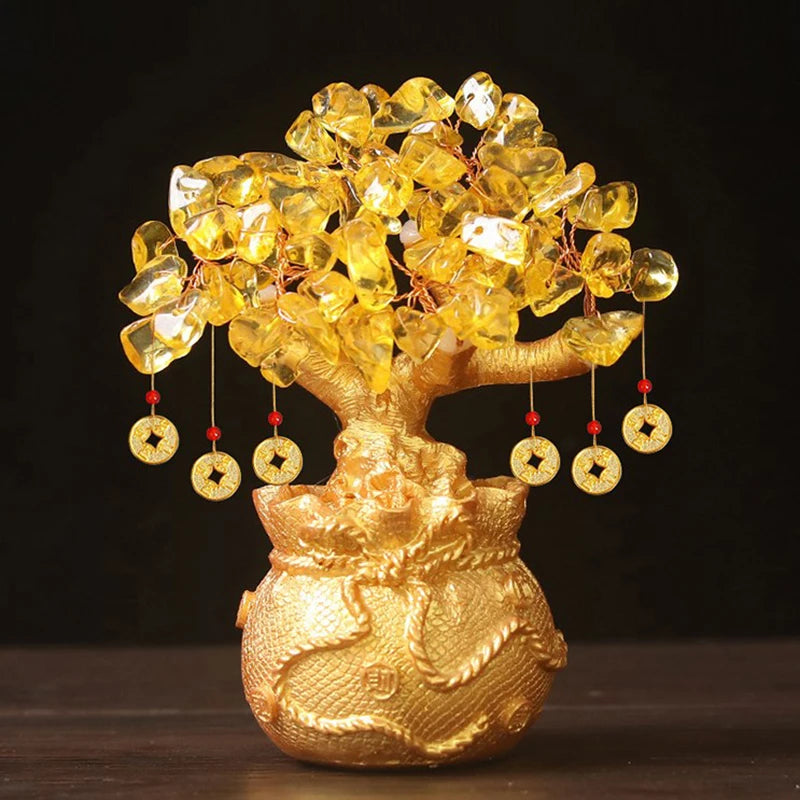 Lucky Tree Wealth Yellow Crystal Tree Natural Money Tree Ornaments Bonsai Style Wealth Luck Feng Shui Ornaments Craft Qme