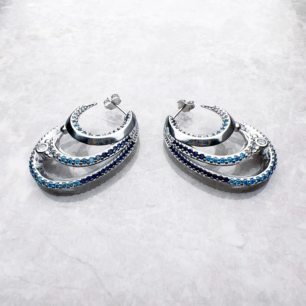Creole Hoop Earrings Wave with Blue Stones Europe Style Fine Jewelry For Women Bohemia Gift In Solid 925 Sterling Silver Qme