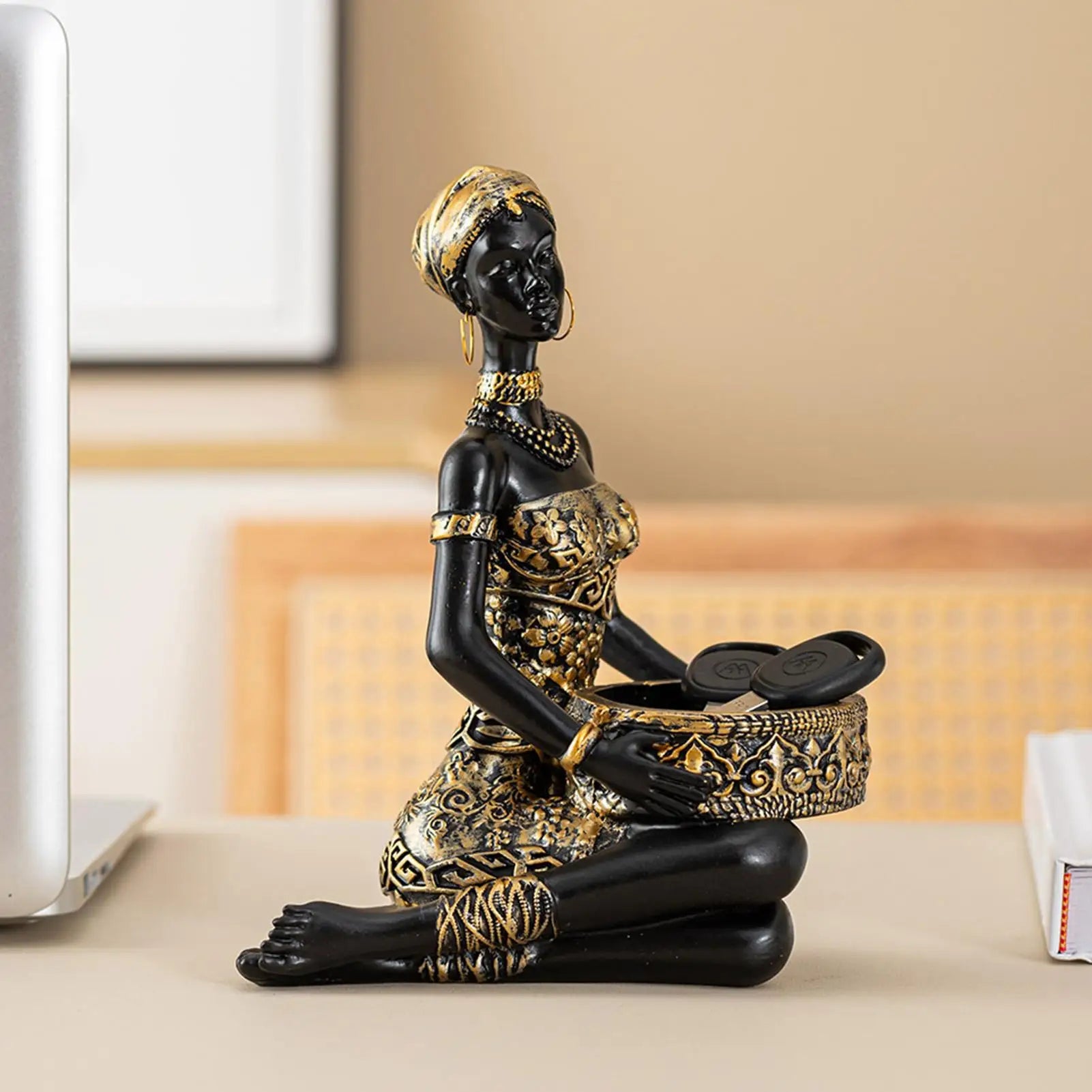 African Figurines Resin Table Storage Organizer African Woman Statues Storage Holder for Candy Jewelry Ring Key Earring Home Qme