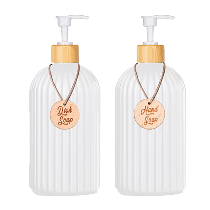 Strip Soap Dispenser with Bamboo Pump Refillable Shampoo Conditioner Hands and Dishes Soap Dispenser Bottle for Kitchen Bathroom Qme 2pcs white