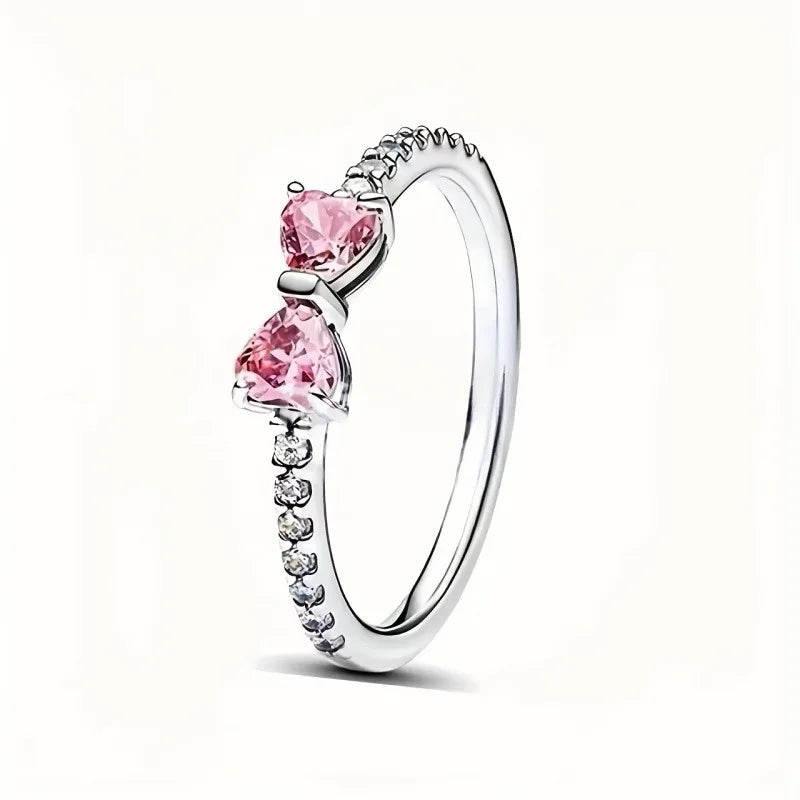 Pink Heart Cubic Zirconia Bow Shape Adjustable Open Ring Silver Plated Promise Wedding Band Women Daily Jewelry Birthday Gift Qme