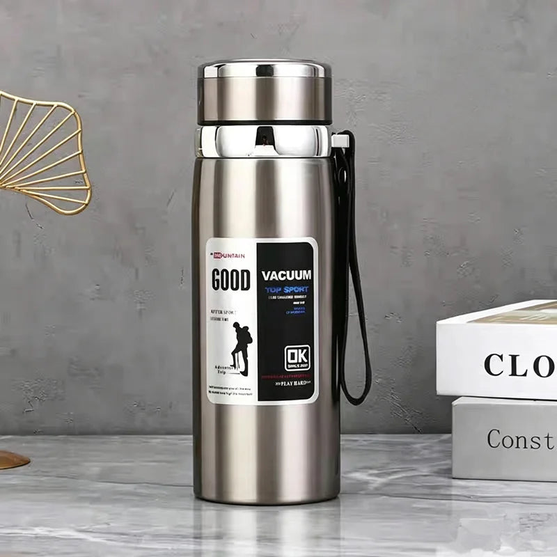 316 Stainless Steel Vacuum Insulated Water Bottle Leakproof Travel Thermos With Lanyard Keep Hot Cold All Day For Outdoor Sports Qme Silver 800