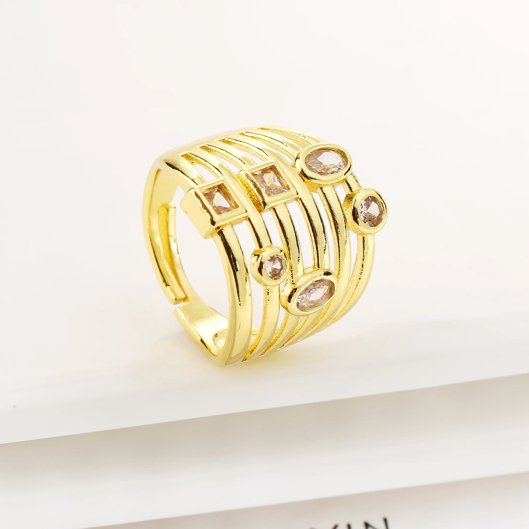 Luxury Shiny Zirconia Geometric Open End Adjustable Ring Punk Style For Women Men Daily Party Finger Jewelry Fashionable Gifts Qme Gold 3 resizable