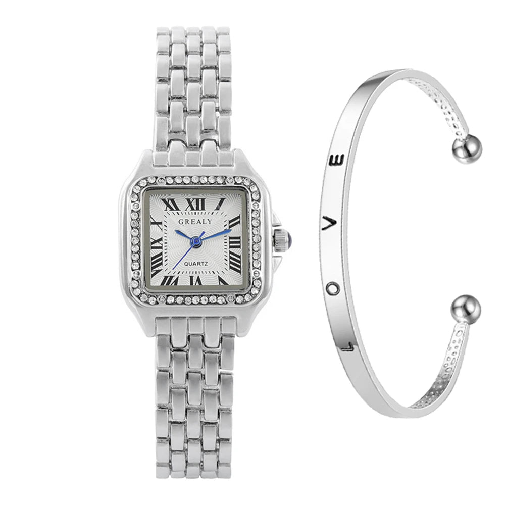 2023 Luxury Women's Fashion Square Watches Gold Alloy Strap Ladies Quartz Wristwatches Qualities Female Roman Scale Clock Qme S diamond set