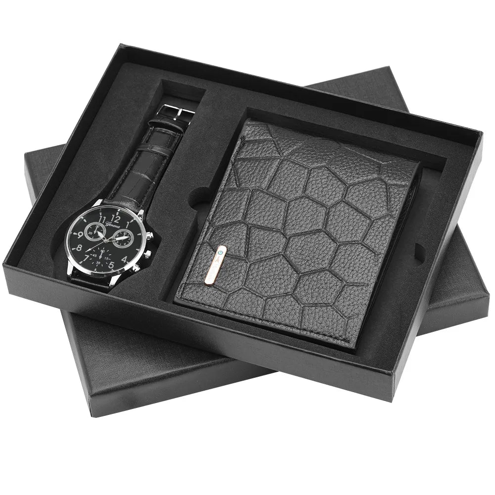 2 Pcs/Set Fashion Men Watch Wallet Gift Box Quartz Wristwatch Leather Strap Male Wallets Purse Birthday Gift for Father Husband Qme Bronze