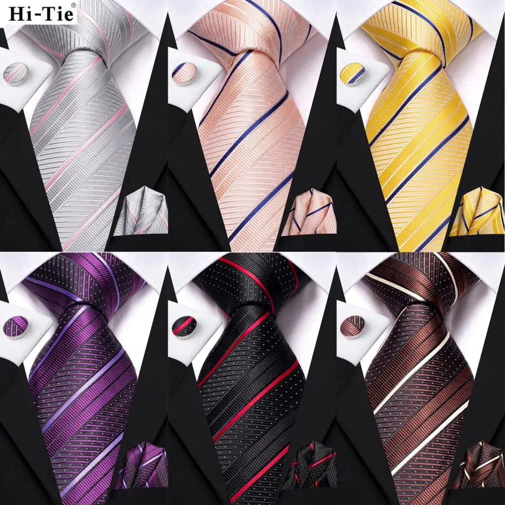 Hi-tie Striped Black Red Mens Fashion Necktie Handkerchief Cufflinks Qme