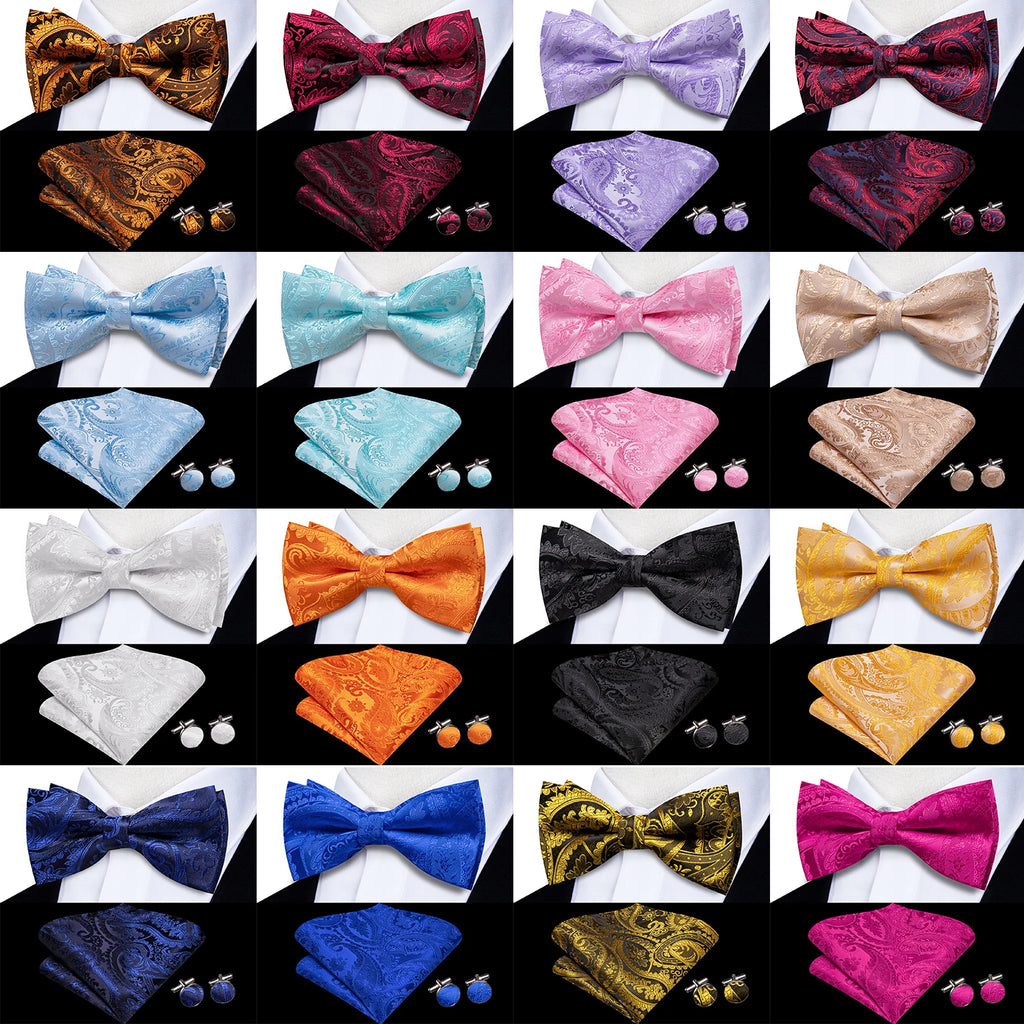 Pink Orange Sky Blue Hi-Tie Mens Bow Tie Pocket Square Cufflinks Set Self-tied Butterfly Knot Bowtie for Wedding Business Gift Qme