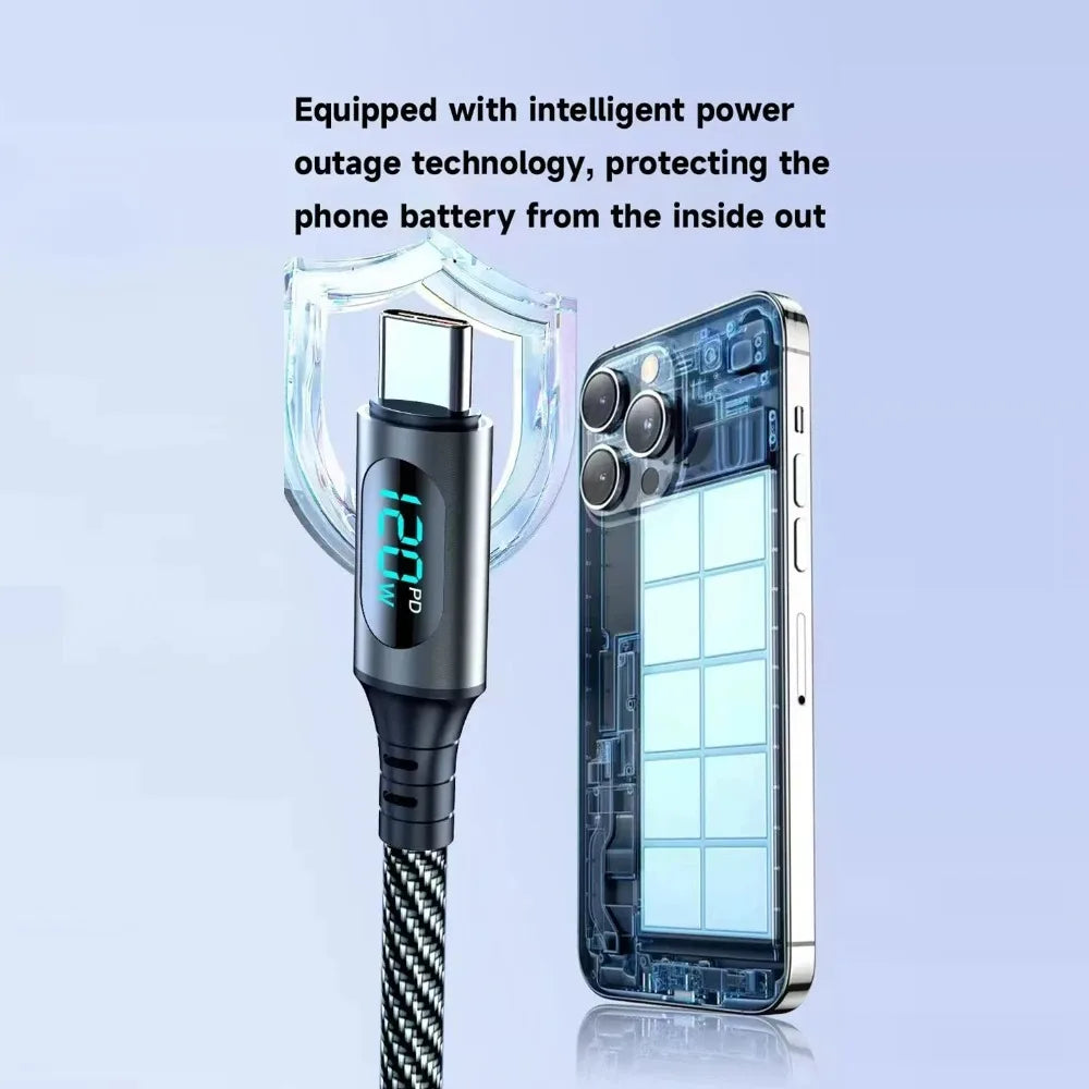 120W Type C Fast Charge Cable With Led Digital Display Cable6A Nylon Data Cord For Xiaomi Samsung iPhone Data Transmission Wire Qme