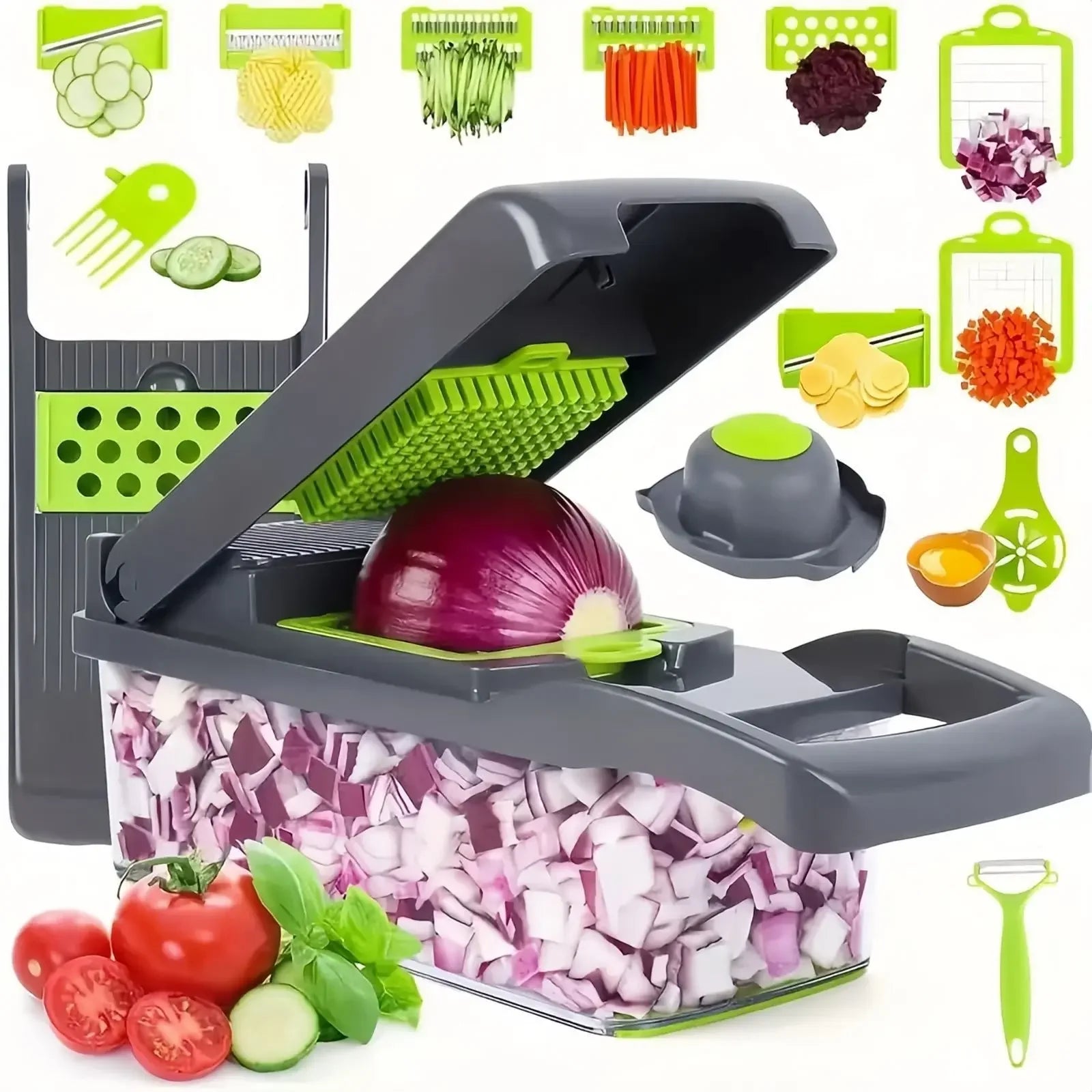 Multifunctional Vegetable Chopper Handle Food Grate Slicer Dicer Cut Qme 16 in 1 grey