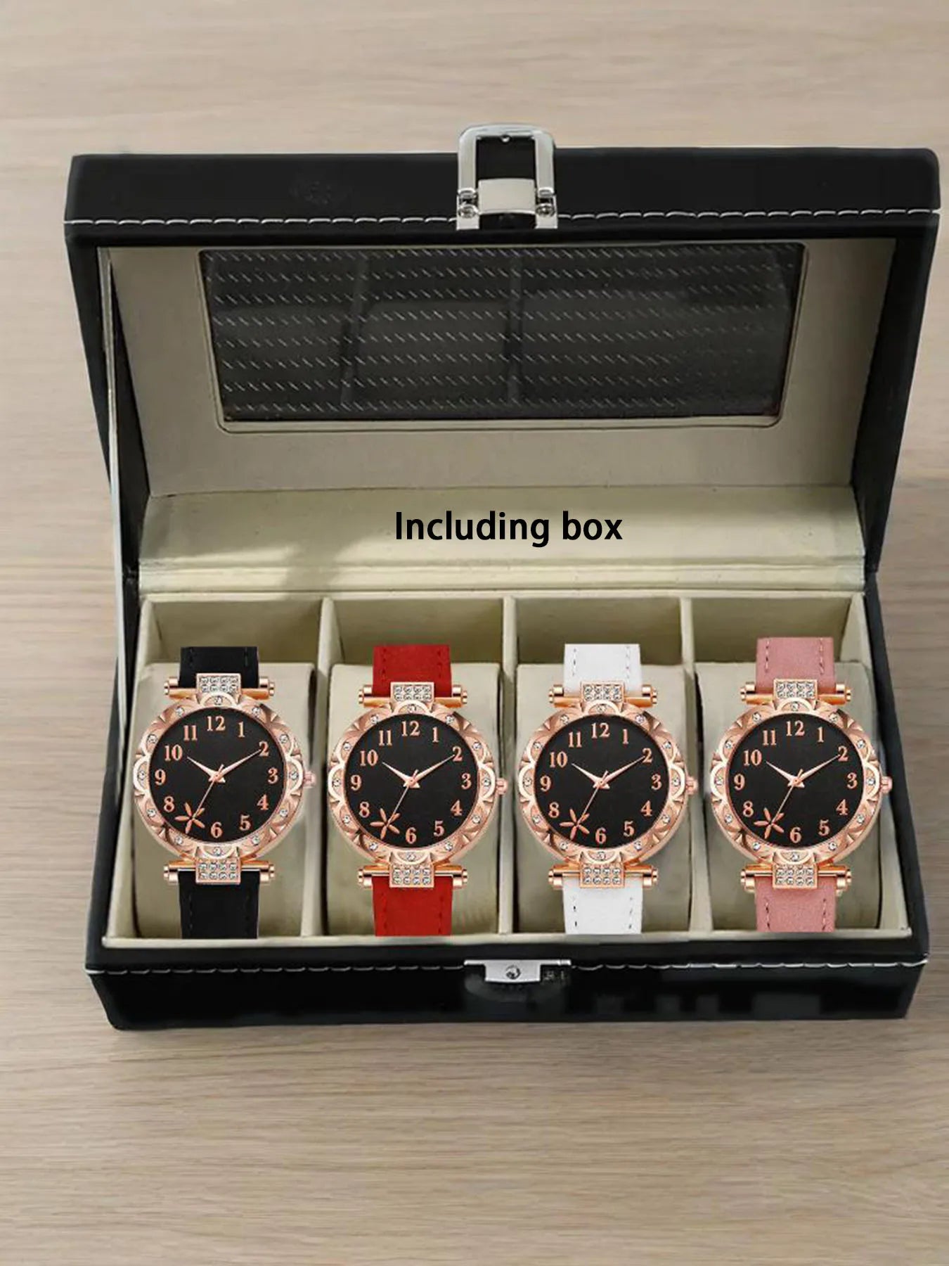 Fashion Diamond encrusted Women's Quartz Watch Rose Gold Case Multi color Optional Belt Watch Set Qme Including box