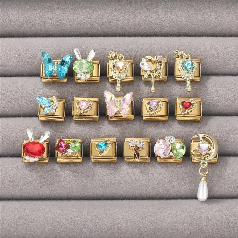 2026 Fashion Unique Colorful Luxury Gems Zircon Gold Color Italian Charm Links Fit 9MM Stainless Steel Bracelet DIY Making Gifts Qme