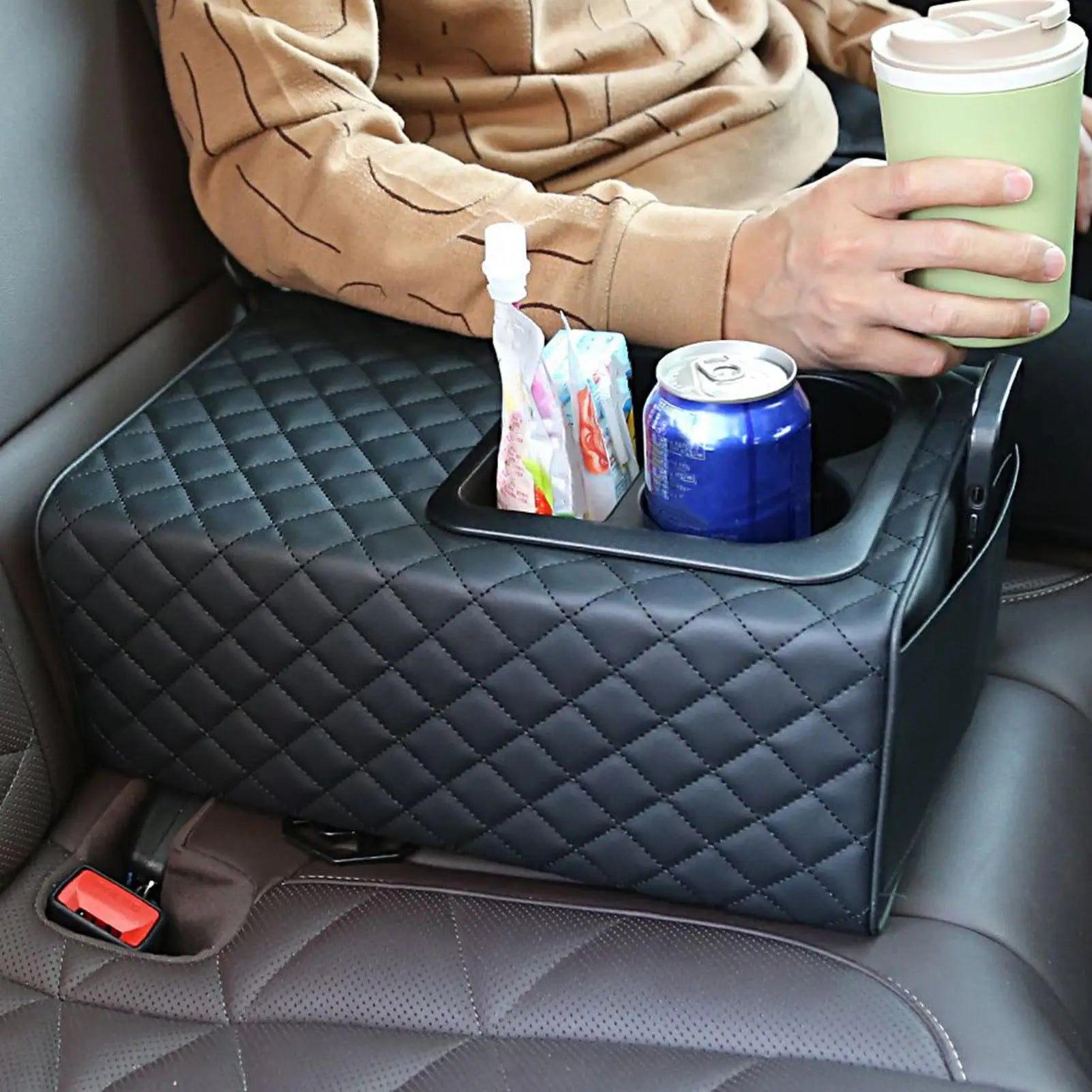 Armrest box booster pad Universal Rear Seat Armrest Console Box with Cup Holders Backseat Center Console with Double Pockets Qme