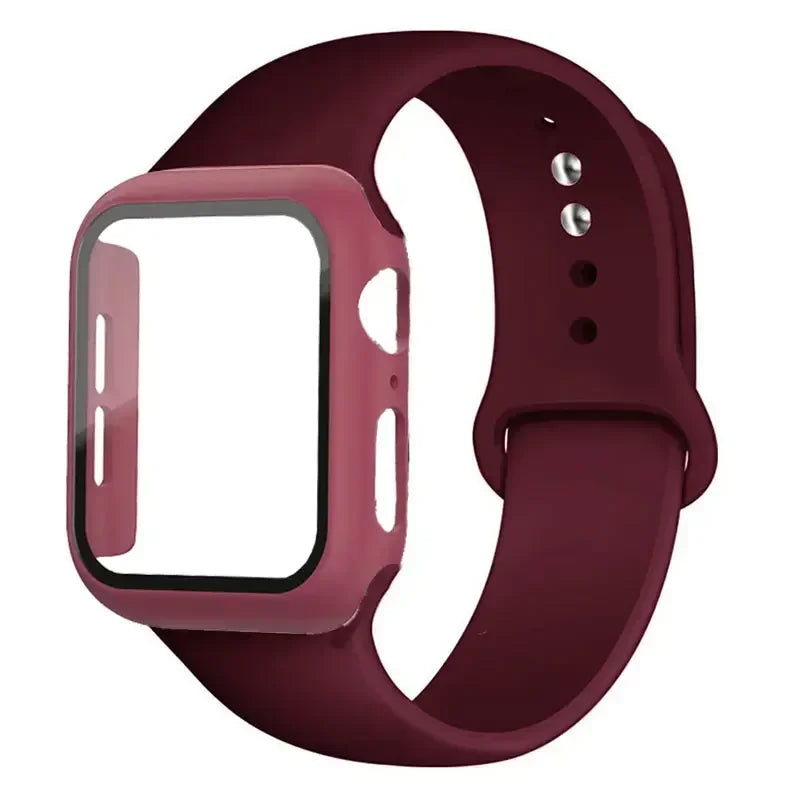 Glass+Case+Strap for Apple Watch Band 45mm 44mm 41mm 40mm 38mm 42mm Screen Protectors for Apple IWatch Series 9 8 7 6 SE 5 3 4 Qme Wine-Red 42mm