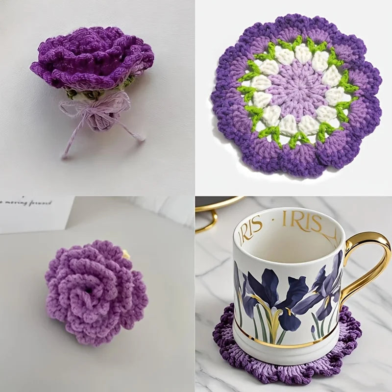 Handmade Crochet Flower Coaster Purple Floral Knitted Cup Mat Absorbent Cotton Mug Pad Non-slip Table Protector Home Decor Qme